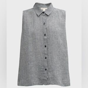 Eileen Fisher Sleeveless Black and White Gingham Organic Linen Top EUC